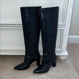 Chic Black Croc-Embossed Over the Knee Boots